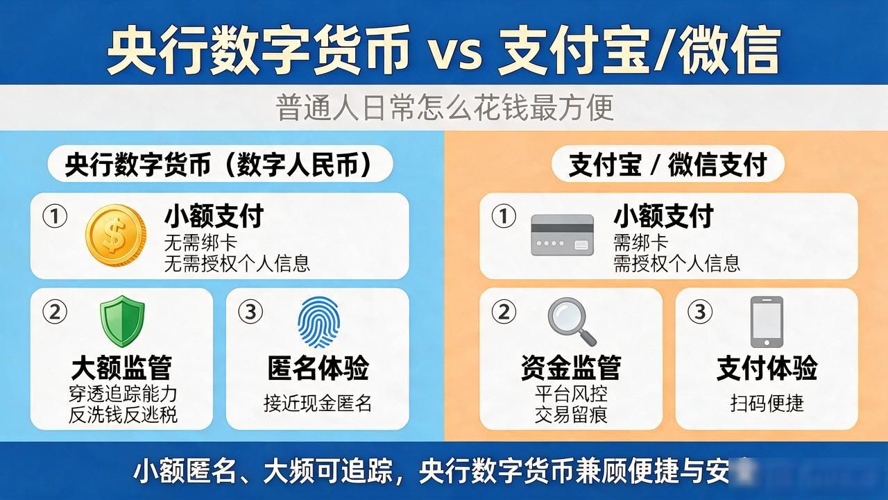 央行数字货币跟支付宝微信到底有啥区别，普通人日常怎么花钱最方便